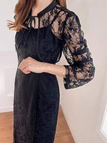 FRIFUL 女士深灰色薄纱蕾丝系带腰身两件套，商务休闲假日装扮 - 黑色 - 查看 5