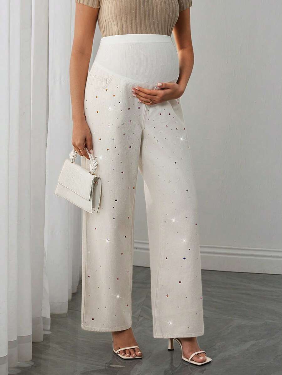 Momance Quần jeans bầu cạp cao dáng suông, đính đá, kiểu dáng thường ngày, phù hợp cho mùa xuân và mùa thu. - Màu be - Xem 1