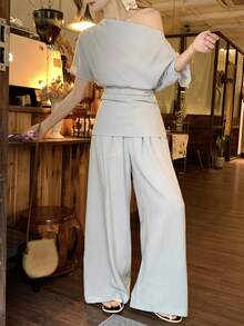 DAZY 女士莱赛尔亚麻纹理轻盈两件套，优雅露肩装 - 藍色 - 查看 2