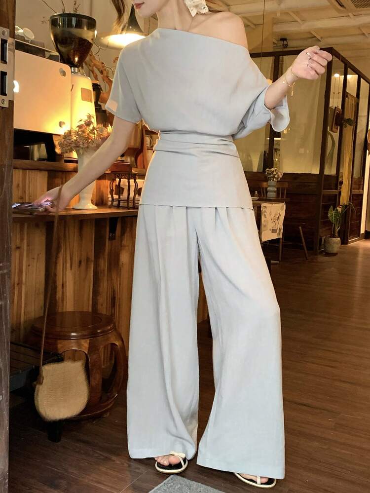 Women's Lyocell Linen Textured Lightweight 2 Pieces Set, Elegant Off-Shoulder Outfit