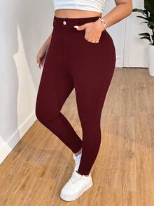 SHEIN PETITE CURVE Pantalones de cintura alta de unicolor talla grande, aptos para uso diario - Burdeos - Ver 3