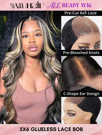  Long Body Wave Highlight All Ready Wig Pre Bleached Pre Plucked Pre-Cut Lace Melting Lace Front 5x5 Glueless Closure Wig 100% Human Hair 9AM HAIR