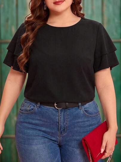 SHEIN Clasi Plus-Size Women's Black Solid Color Round Neck Ruffle Sleeve Casual Shirt, Perfect For Vacation Wear, Valentine's Day, Couple Outfits, Outdoor Tops, Business Casual, Summer, Elegant Shirts, And Office Wear.
