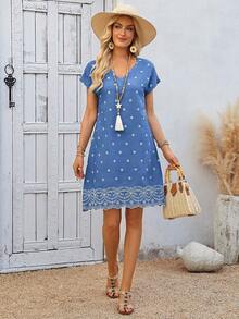 EMERY ROSE Vestido casual mini con cuello en V y decoración floral blanca para mujer - Azul - Ver 4