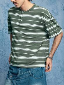 ROMWE MEN Prep Men's Striped Print Casual Versatile Short Sleeve Henley T-Shirt - Green - View 7