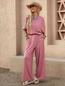 Wildy BOHO American Casual Western Country Retro Women Spring/Summer Basic Outfit Casual Wear Commute Pocket Short Sleeve T-Shirt And Pants 2 Pieces Set - Dusty Pink - View 5