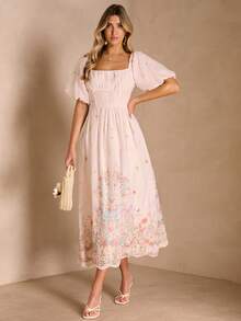 Enchnt Summer Romantic Women's White Floral Embroidery Long Dresse,Tea&Picnic Dress ,Sweet&Elegant For Vacation&Date&Holiday&Going Out,Summer Outfit Women,Pink Dress - Pink - View 4