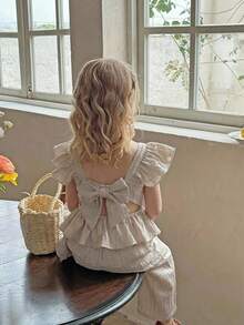 LMoss Kids 2pcs Young Girl Set: Woven Collared Ruffle Trim Blouse And Woven Loose Fit Pants - Apricot - View 10