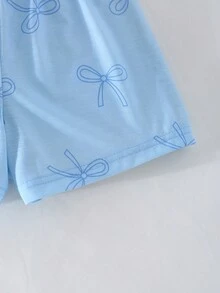 SHEIN Genkimix Kids 2件套 女童休闲甜美日常圆领短袖露脐T恤，带3D蝴蝶结装饰和松紧腰短裤 - 彩色 - 查看 8