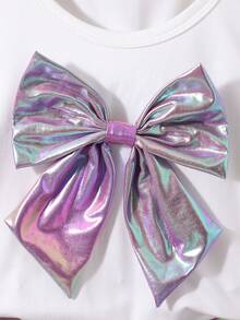 SHEIN Bộ đồ bé gái phong cách Y2K ngọt ngào dễ thương gồm áo thun dệt kim tay ngắn cổ tròn thắt nơ và chân váy xếp ly mini màu trơn. - Nhiều màu - Xem 3