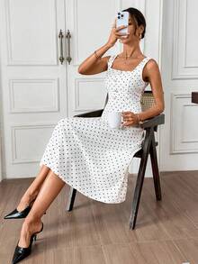 Editum Vestido de punto elástico con cuello cuadrado, sin mangas, con lunares blanco y negro, cintura ceñida, botones de perla, bajo en línea A, elegante para uso diario, ir al trabajo, primavera/verano - Blanco y Negro - Ver 8