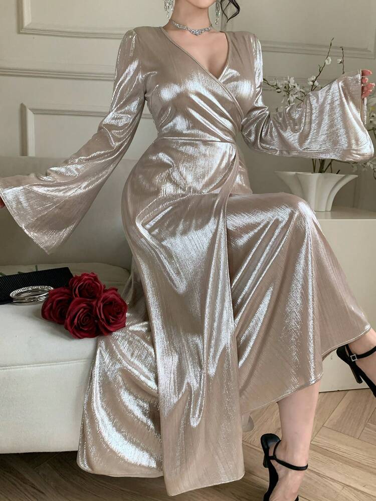Women's Elegant V-Neck Midi Dress, Shiny Fabric, Spring/Summer,Wedding Guest Dress Women Sundress