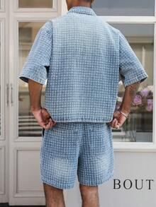 Manfinity EMRG 男士休闲牛仔街头风钩针蓝色牛仔套装 - 中等水洗藍 - 查看 2