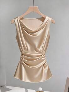 SHEIN Franclia Damtopp i champagnefärgad satin med draperad halsringning och ärmlös rynkad topp, midjeåtsnörning, elegant för pendling - Aprikos - Visa 1