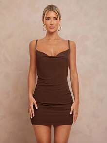 Lumalex 1件装女士不对称褶皱紧身迷你连衣裙 - 棕色 - 查看 2