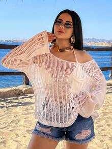 SHEIN Women's Lightweight Open Knit Long Sleeve Sweater With Vertical Rib Texture And Chest Pocket, Breathable Summer Layering Top For European Casual Style - White - View 4