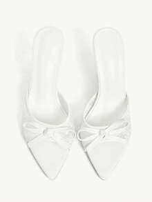 CUCCOO CHICEST 女士白色PU蕾丝网眼拼接春夏蝴蝶结元素时尚性感尖头细高跟拖鞋 - 純白 - 查看 3