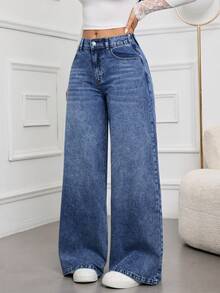 SHEIN Tall Women's Summer Low Waist Pockets Wide Leg Loose Casual Versatile Jeans - Blue - View 4