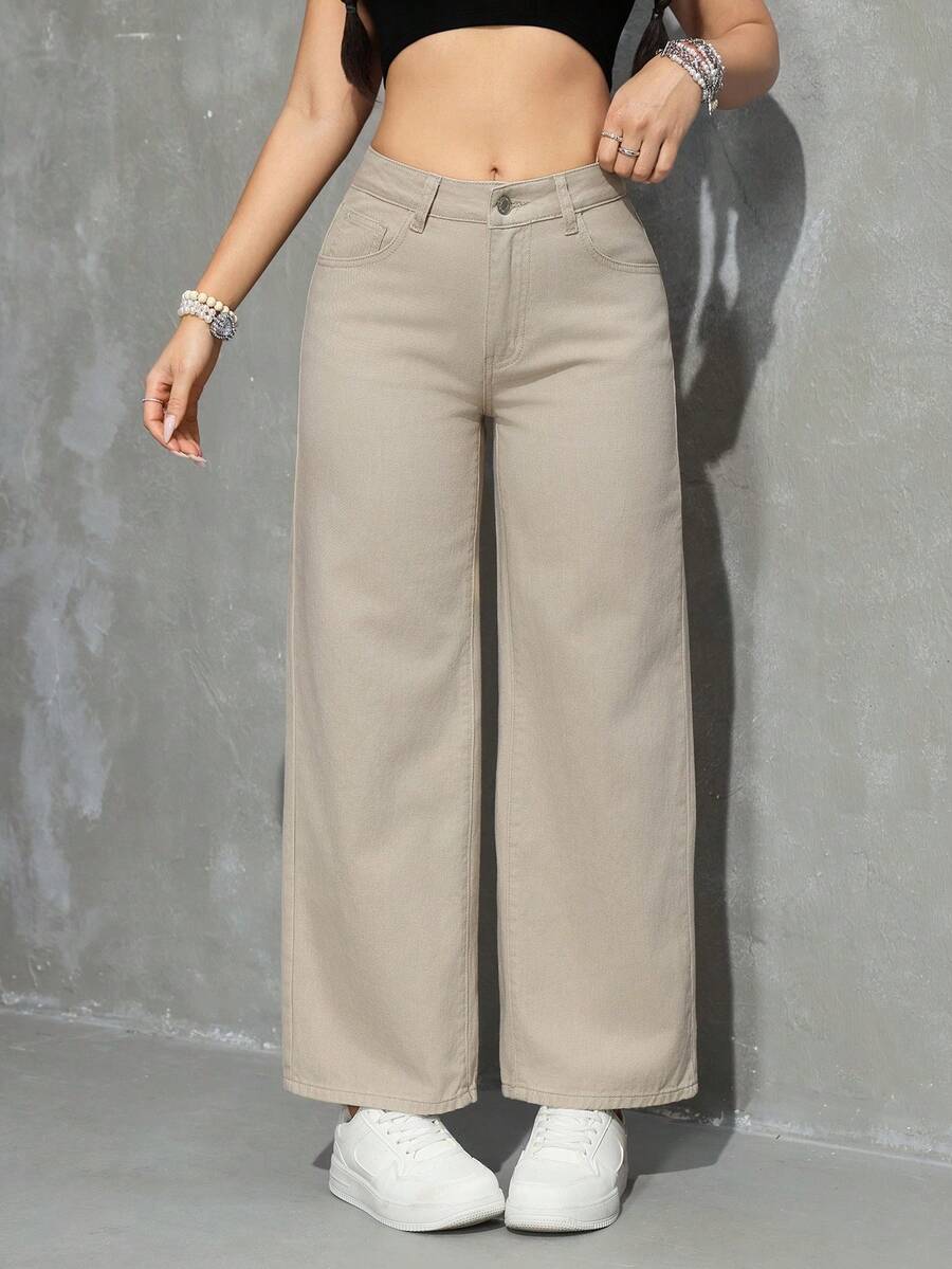 SHEIN PETITE 純色直筒寬鬆休閒牛仔褲,附腰帶環,適合嬌小女性 - 淺灰色 - 查看 1