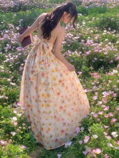 SHEIN MOD Vestido de verano con estampado floral elegante y lazo en la cintura para mujer