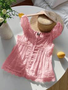 Comfortcana Women's Casual Contrast Lace Pink Button-Front Woven Shirt, Summer - Pink - View 6