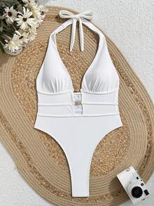 Swim Basics Springbreak Women Backless Deep V-Neck Sexy Halter High Cut Hollow Out One-Piece Swimsuit, Festival Boho - White - View 3