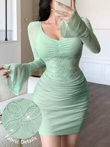 Modelyn Vestido mini ajustado de cintura con encaje y malla, estilo romántico, primavera/verano - verde menta - Ver 2