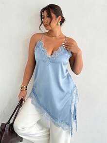 Firerie Plus Size Sexy Solid Color Lace Patchwork Asymmetric Hem Camisole, Summer Tops - Blue - View 6