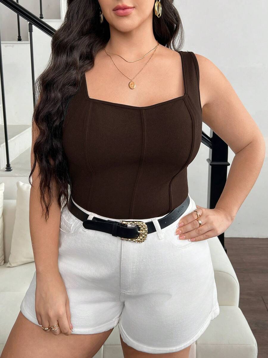 SHEIN Frenchy Women's Plus Size Solid Color Fishbone Press Line Camisole Summer Top - Brown - View 1
