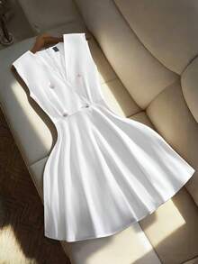GlowEve Sleeveless Blazer Collar Pearl Button Waist A-Line Mini Dress, Elegant Chic Slimming Mature Style Little Black Dress - White - View 3