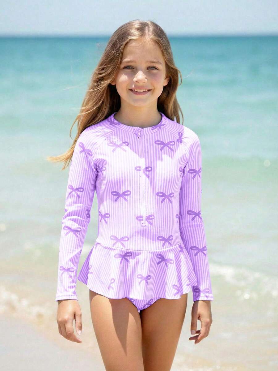 SHEIN Sparklyn Tween Girls One-Piece Swimsuit, Purple, Easy To Wear, Children's One-Piece Raglan Long Sleeve Zipper Skirt Swimsuit, Fashion Casual Elegant Suitable For Swimming, Vacation, Summer (Random Print) Long Sleeve Swimsuit Girls Girls Lavender Swimsuits Girls Bathing Suits With Rash Guard Kids Purple Swim Cover Up Little Girl Purple Bathing Suit Little Girl Purple Bathing Suits - Purple - View 1
