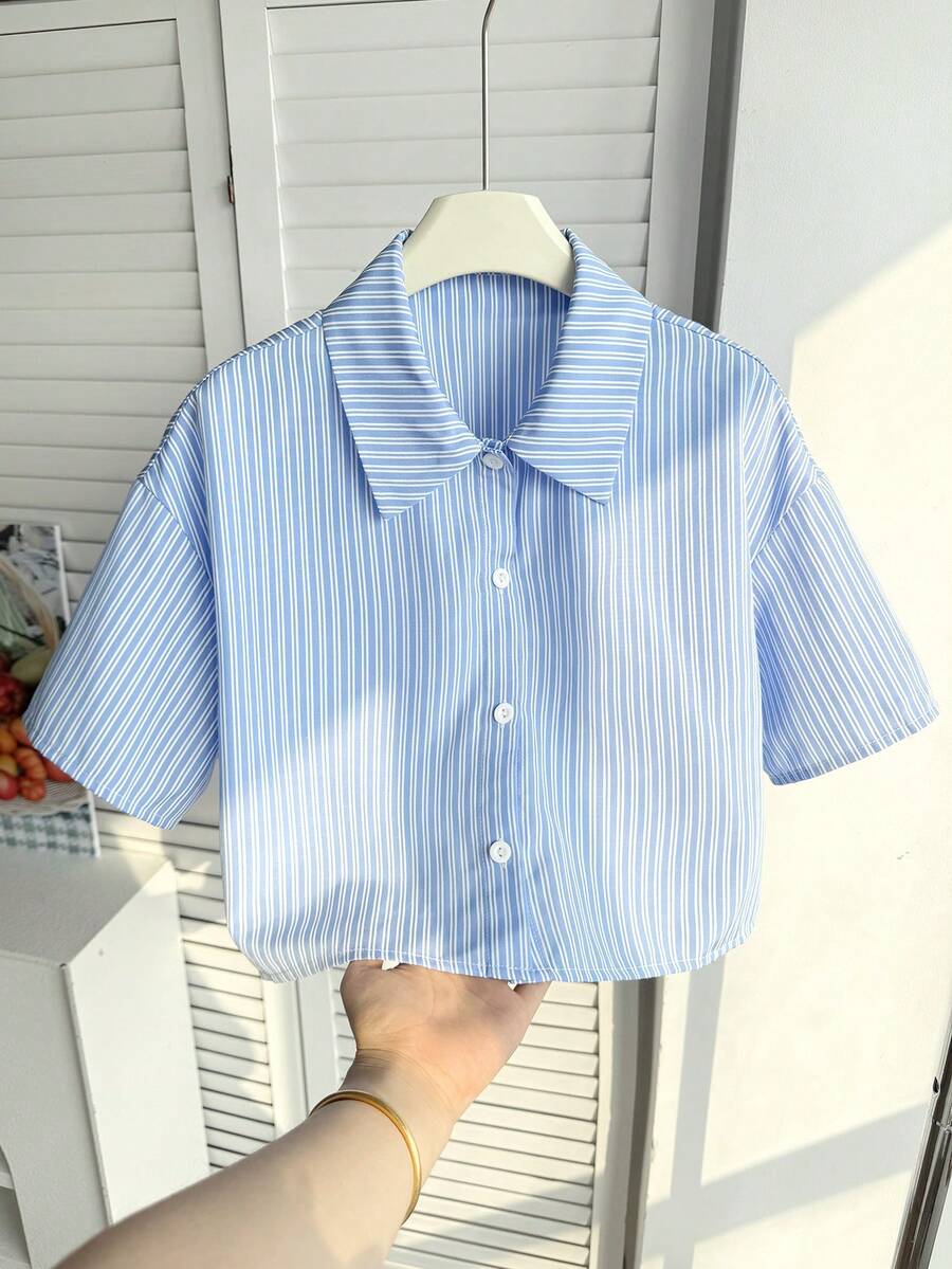 SHEIN 少女休闲日常复古格子短袖衬衫 - 藍白色 - 查看 1