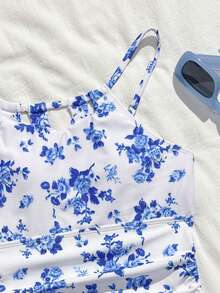 SHEIN 蝴蝶印花泳衣套装，含配套罩衫和裙子，时尚休闲，适合青少年女孩。 - 藍色 - 查看 5