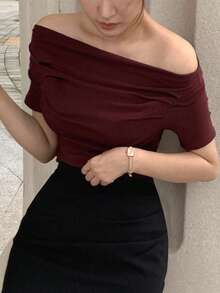 DAZY Women's Solid Color Off-Shoulder Pleated Fitted Short Sleeve T-Shirt, Spring/Summer - Burgundy - View 3