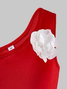 SHEIN ChillGRL 女童连体裤，白色，饰有3D立体花朵图案和串珠腰带，休闲款式，适合日常外出和通勤，夏季穿着。 - 紅色 - 查看 3