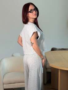 Abrilcols Grey Knitted Women Home Set, Simple Fashionable Casual Daily Top & Pants - Grey - View 4