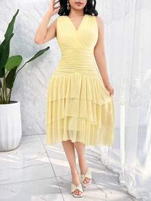 Modelyn 褶皱层叠荷叶边雪纺中长连衣裙 - 鵝黃色 - 查看 3