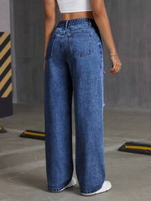 Rivivi Quần jeans nữ dáng suông rách rưới, bạc màu, phong cách thường ngày. - Rửa tối - Xem 2