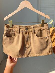 Comfortcana Chân váy denim tối giản màu trơn dành cho nữ, thích hợp cho mùa hè, kỳ nghỉ xuân, ngày Valentine, lễ hội, trang phục đi biển, kỳ nghỉ và mặc hàng ngày. - Màu Khaki - Xem 3