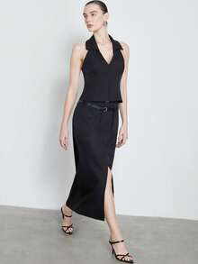 Aveloria Modichic Summer Elegant Black Date Night French Chic 2-Piece Set,Sleeveless Collared Vest & High-Waisted Slit Skirt With Belt, Business Office Outfit - Black - View 4
