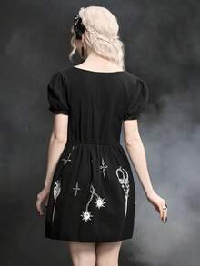 ROMWE Spring/SummergraphicGothic Style Meteor Hammer, Sword, Chain, Fork, Print Women Short Dress, Spring/Summer - Black - View 3