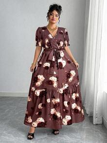 Elenzga Plus Size Women's Casual Boho Floral Maxi Dress V Neck Puff Half Sleeve Wrap A Line Flounce Hem - Multicolor - View 5