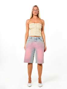 SUMWON WOMEN 条纹纽扣束身胸衣，后背系带设计，无肩带抹胸款式，夏季节日短款衬衫 - 黃色 - 查看 5