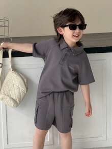 DAZY Kleine Jungen Sommer Lässig Kurzarm T-Shirt und Cargo Shorts Set - Dunkelgrau - Übersicht 5