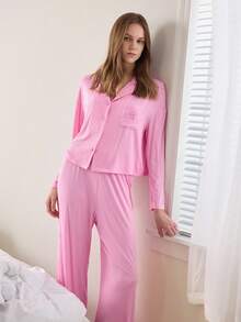 Ocili Bộ đồ ngủ nữ mùa thu thanh lịch 2 món, mềm mại, thoải mái, cổ áo thêu, cài nút vỏ sò, tay dài và quần. - Hồng - Xem 3