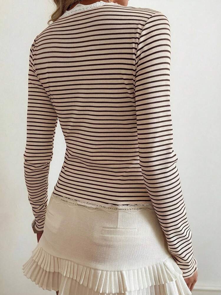 Striped Lace Frill Trim Fitted Cardigan For Women Y2k