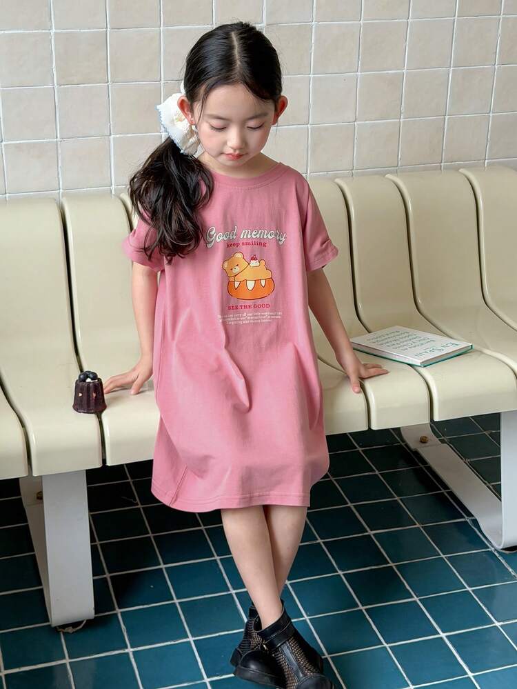 Young Girls Round Neck Knit Printed Short Sleeve Dress, Fall Clothes