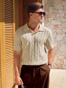 Manfinity CityGents 男士时尚休闲绞花针织短袖上衣 - 杏色 - 查看 6