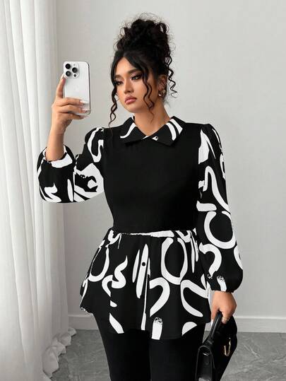 Elenzga Camisa de manga larga con cuello vuelto y estampado de color contrastante para tallas grandes