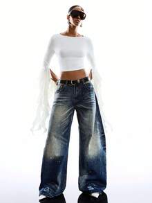 LYSMO Áo thun lửng nữ màu trơn có bèo nhún và dây buộc ở gấu áo - trắng - Xem 6